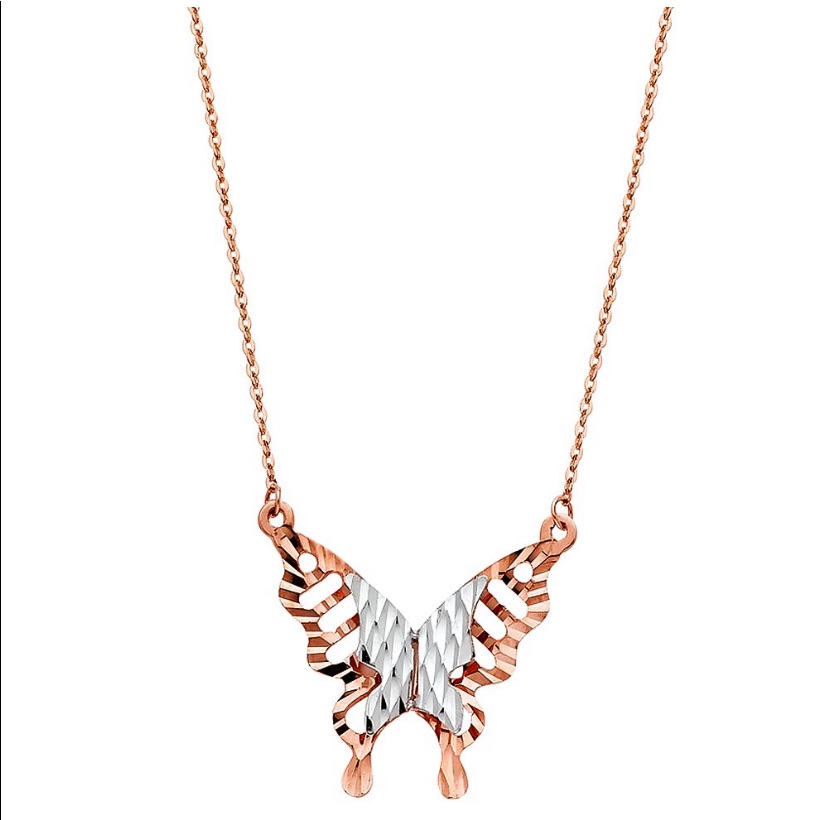 14k Solid Gold Two Tone Butterfly Necklace  Adjustable Length